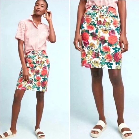 MAEVE Anthropologie Floral Denim Pencil Skirt Boho Preppy Casual Size 2 & 12 - Picture 1 of 12